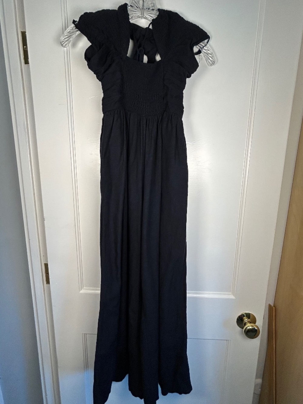 Free People Black Wide leg pantsuit sleeveless XS smocked bodice gauze Boho